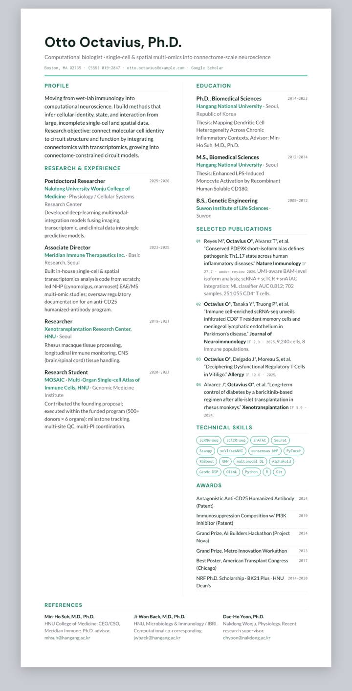 Teal Bicolumn CV template preview