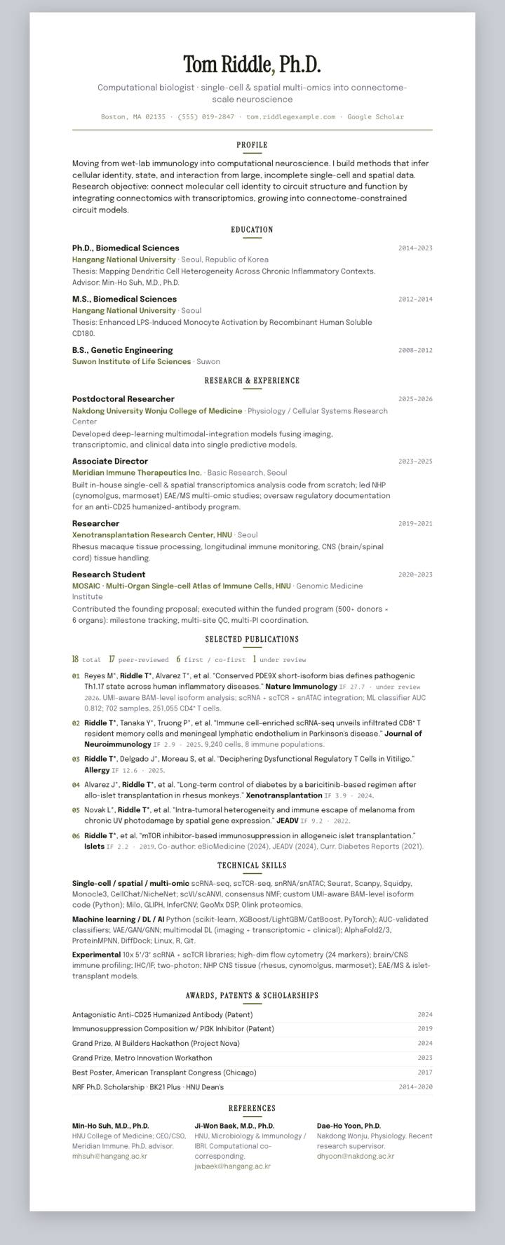 Olive Centered CV template preview
