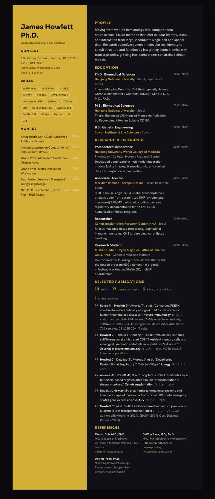 Gold Noir Sidebar CV template preview