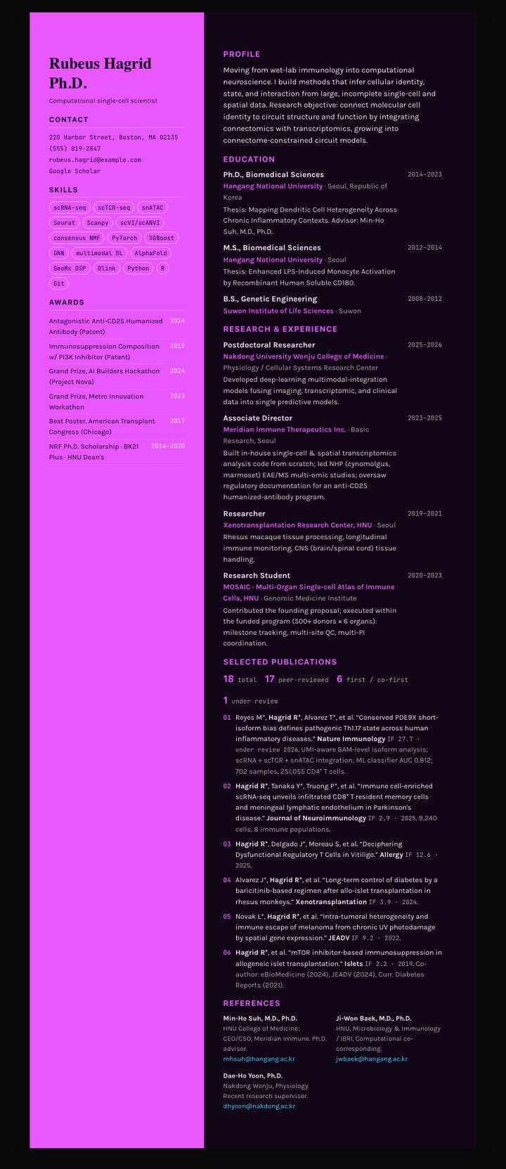 Fuchsia Night Sidebar CV template preview